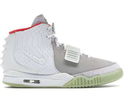 View of white, grey, and red Nike Air Yeezy 2 shoes.